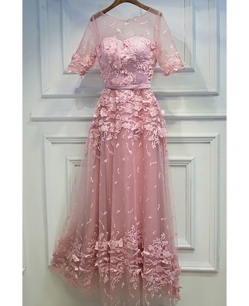 Unique Pink Applique Lace Party Dress With Illusion Neckline