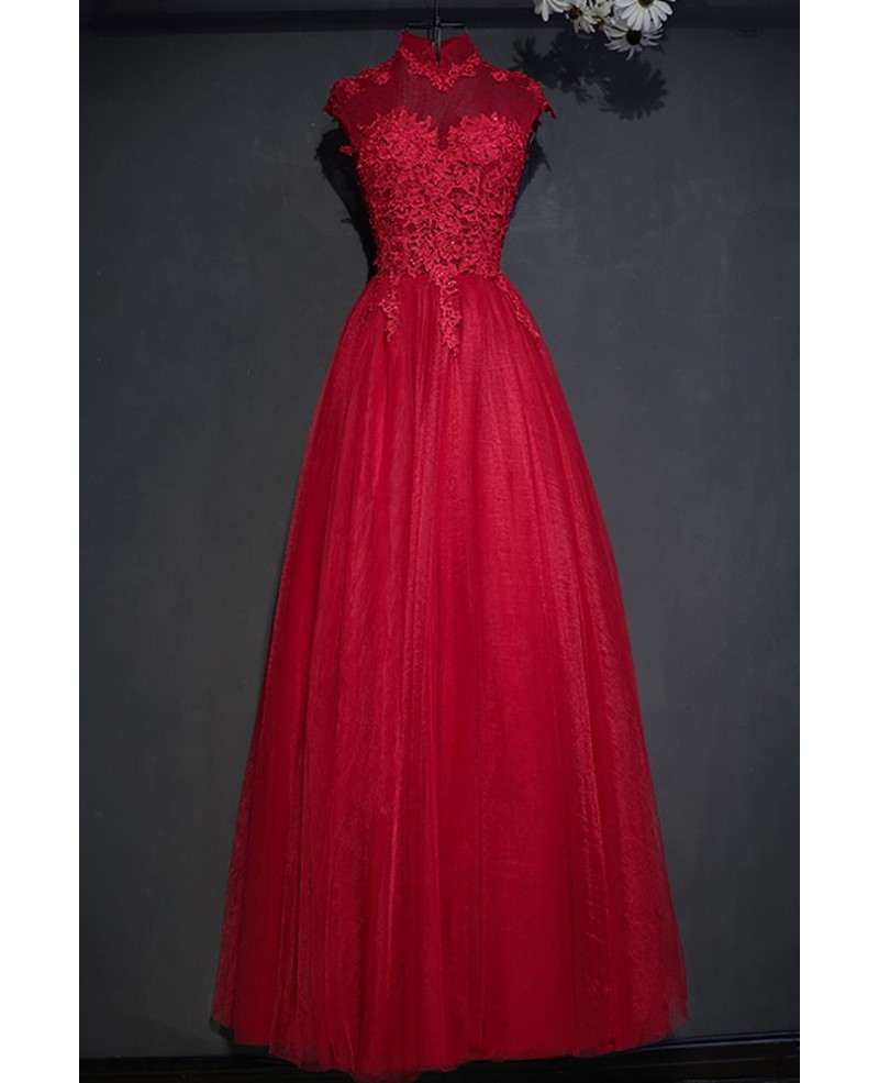 Vintage Lace High Neck Long Tulle Prom Party Dress Burgundy