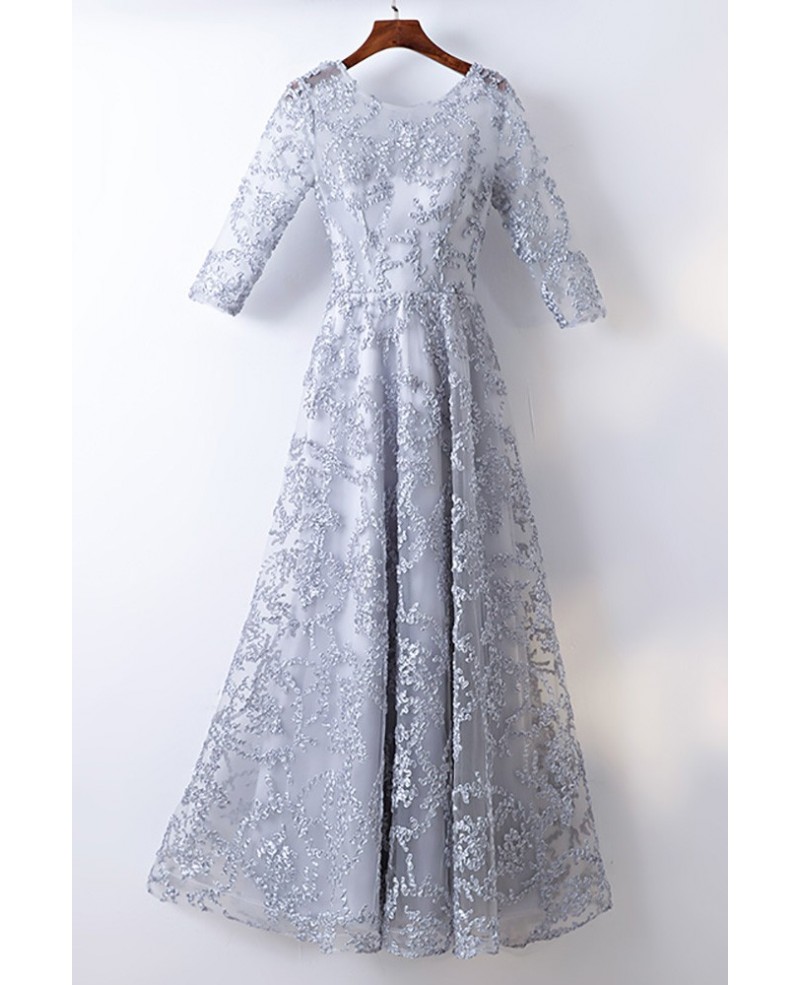 Modest Grey 3/4 Sleeve Lace Cheap Formal Dress - Click Image to Close
