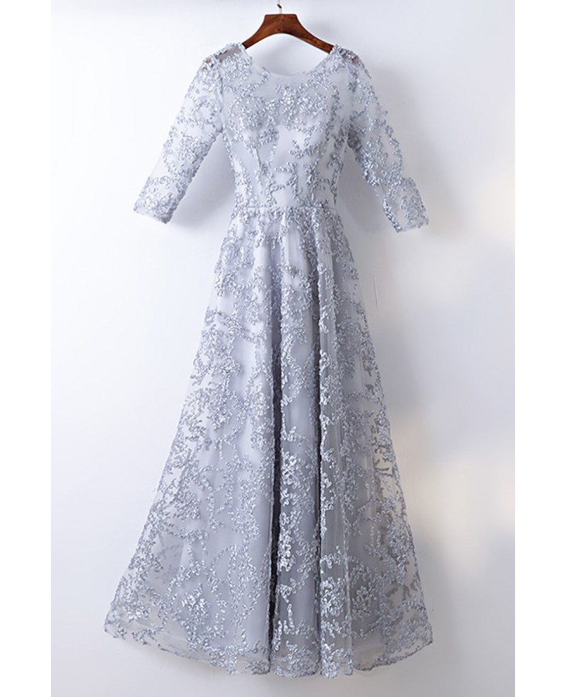 Modest Grey 3/4 Sleeve Lace Cheap Formal Dress