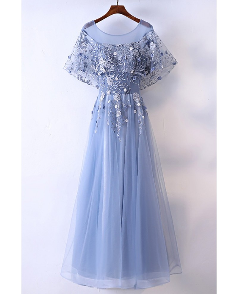 Different Blue Cap Sleeve Long Party Dress For Formal