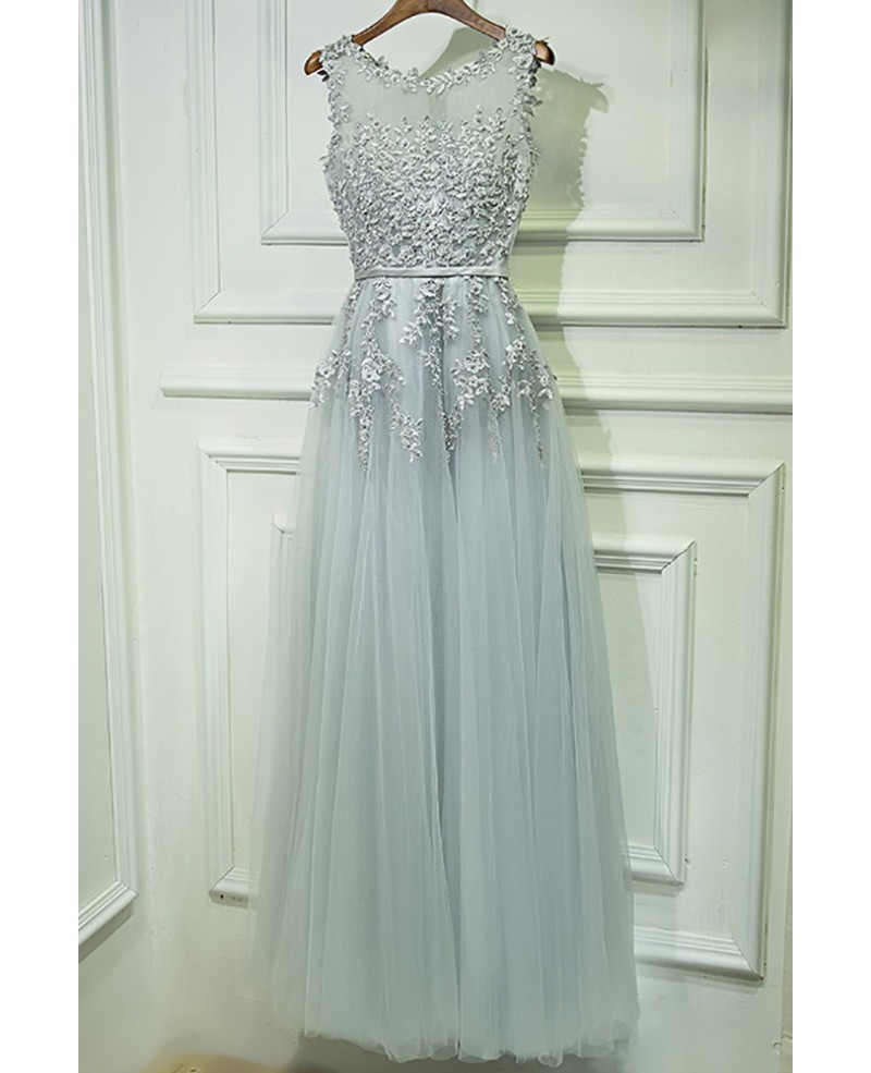 Gorgeous Grey Lace Tulle Prom Dress Long Sleeveless - Click Image to Close