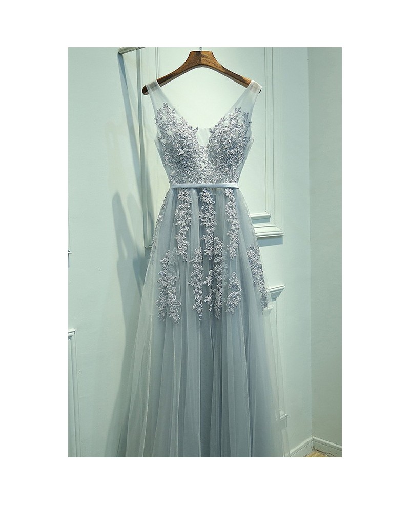 Popular V-neck Lace And Tulle Long Prom Dress For Cheap