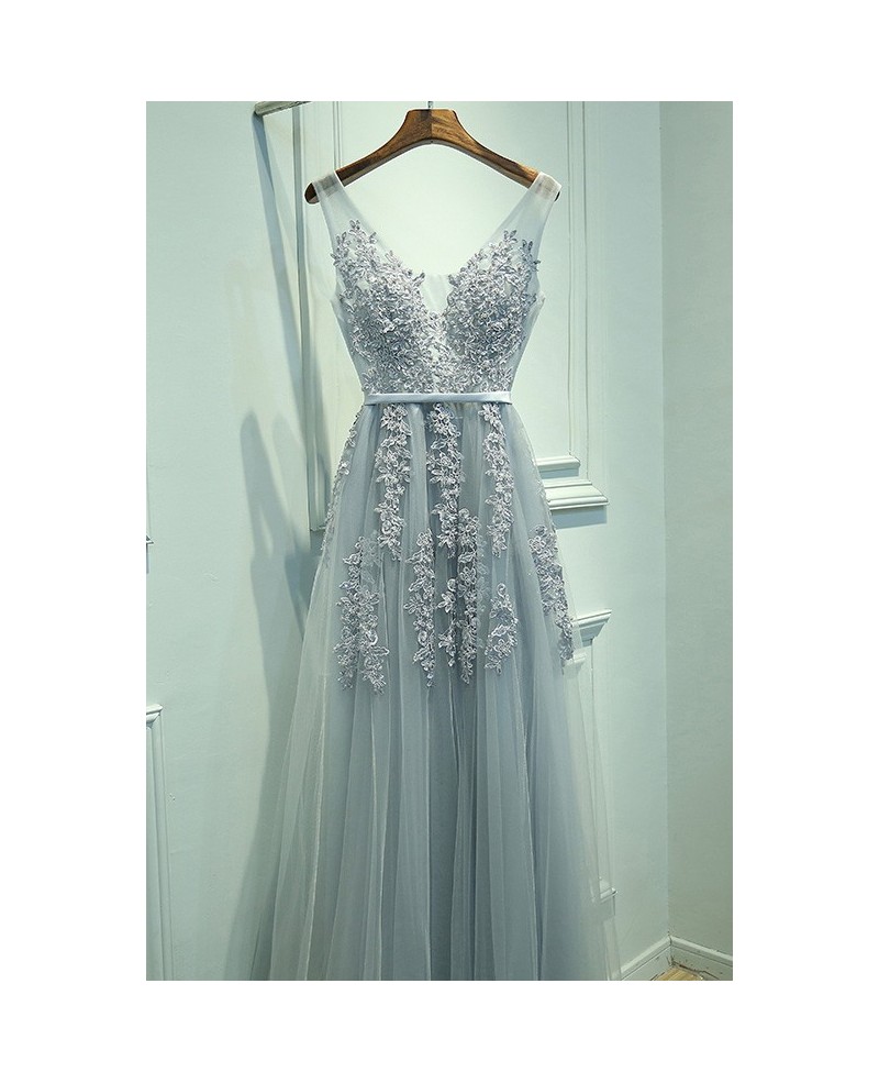 Popular V-neck Lace And Tulle Long Prom Dress For Cheap - Click Image to Close