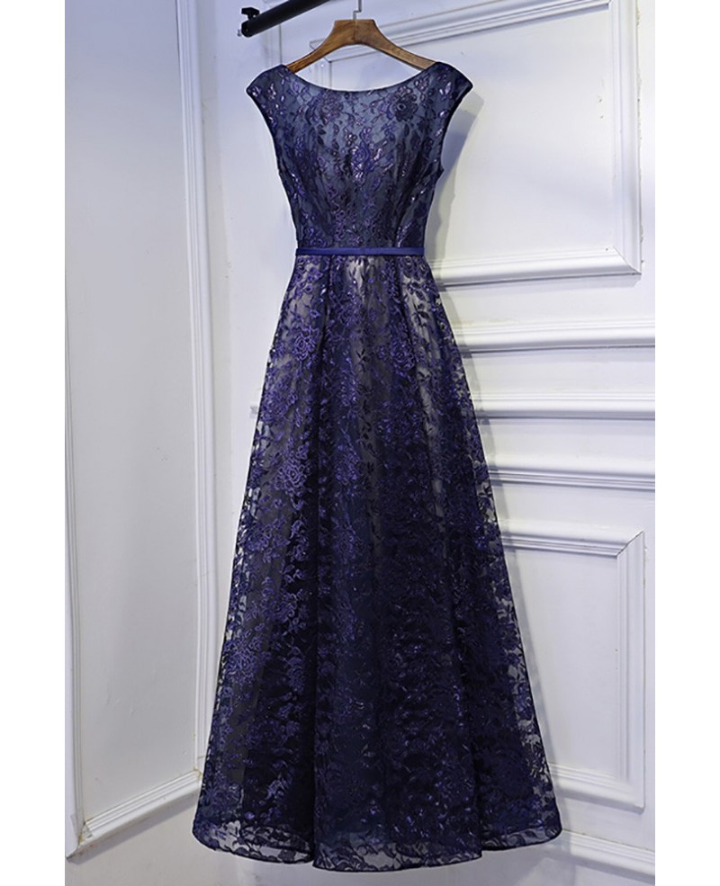 Modest Navy Blue Cap Sleeve Long Formal Dress Lace - Click Image to Close