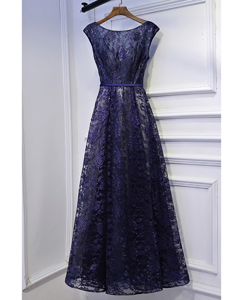 Modest Navy Blue Cap Sleeve Long Formal Dress Lace