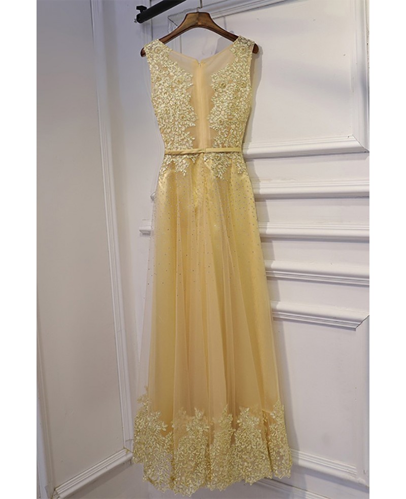 Long Champagne Sleeveless Prom Dress With Beaded Lace