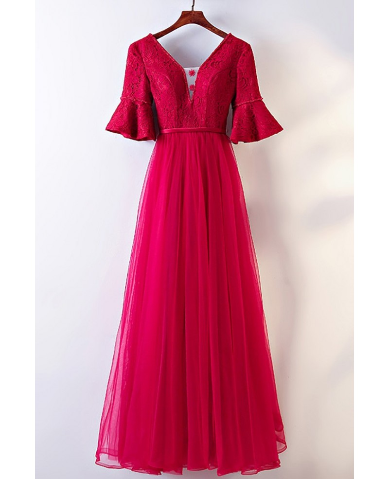 Burgundy A Line Long Formal Party Dress With Butterfly Sleeves