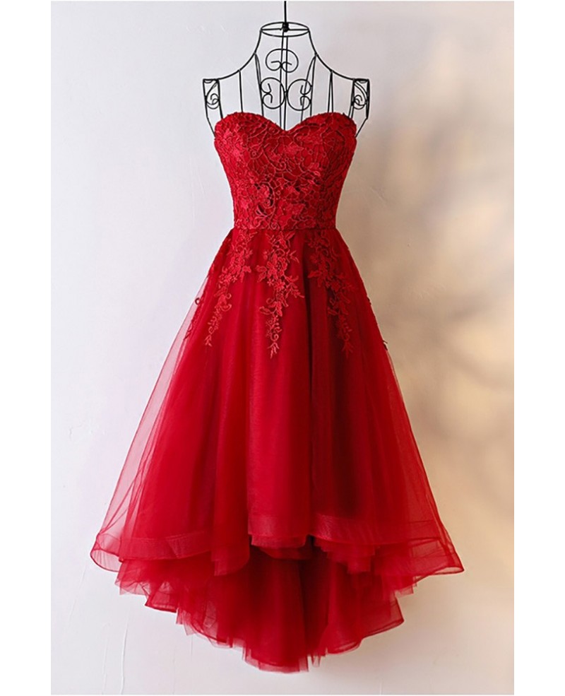 Unique Burgundy High Low Tulle Cheap Prom Dress With Appliques