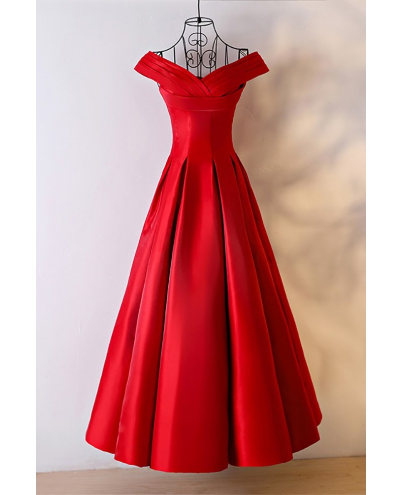 Simple Red Satin Ballgown Formal Dress With Off Shoulder - Click Image to Close
