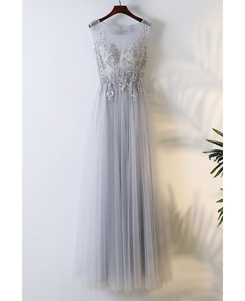 Flowy Grey Long Tulle Cheap Prom Dress With Lace Sleeveless - Click Image to Close