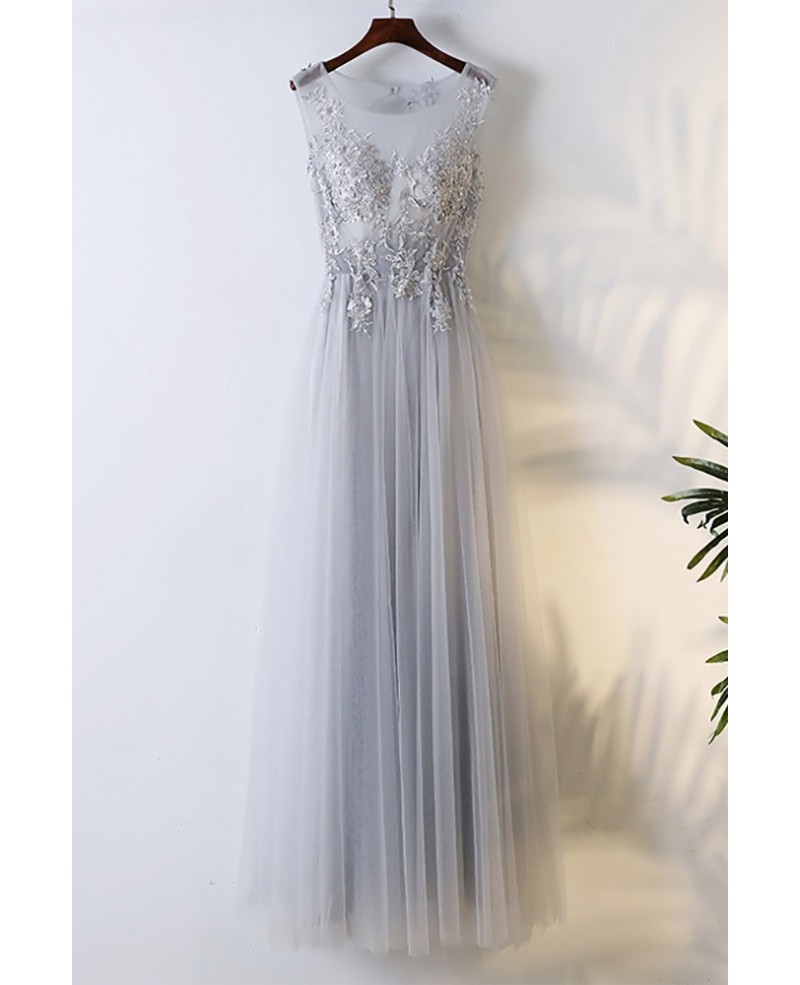 Flowy Grey Long Tulle Cheap Prom Dress With Lace Sleeveless