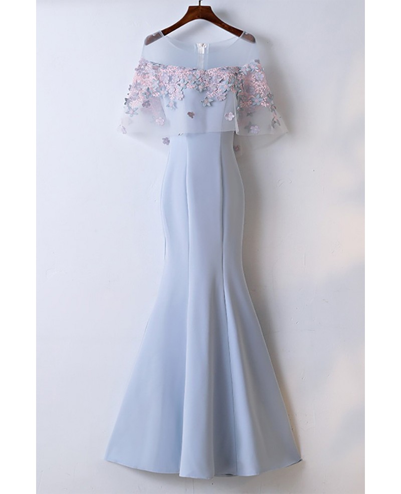 Pretty Sky Blue Fitted Mermaid Long Party Dress With Lace Flowers