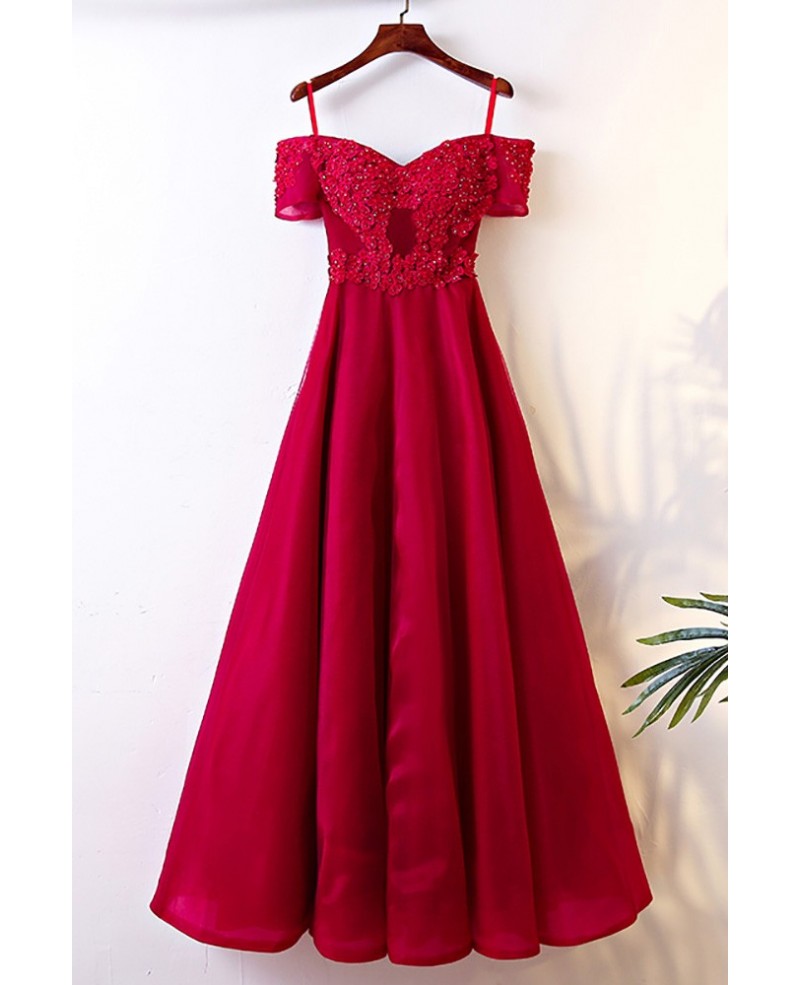 Burgundy Long Off Shoulder Formal Party Dress With Straps - Click Image to Close