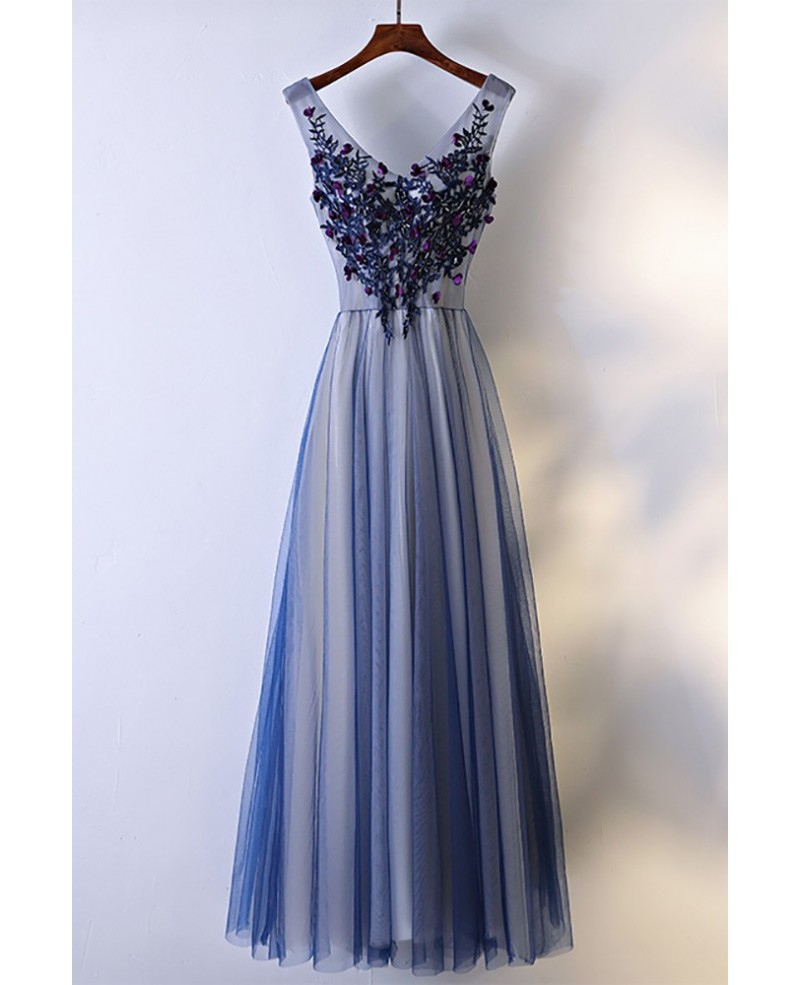 Unique Navy Blue Long Tulle Prom Dress V-neck Sleeveless - Click Image to Close