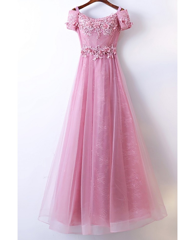 Beautiful Long Pink Prom Dress A Line With Off Shoulder Sleeves - Click Image to Close
