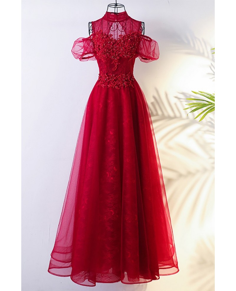 Lolita Long Tulle Burgundy Formal Party Dress With High Neck - Click Image to Close