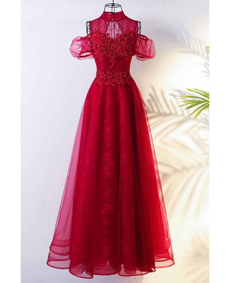 Lolita Long Tulle Burgundy Formal Party Dress With High Neck