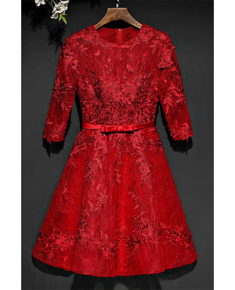 Short Red Lace A Line Party Dress Short With 3/4 Sleeves - Click Image to Close
