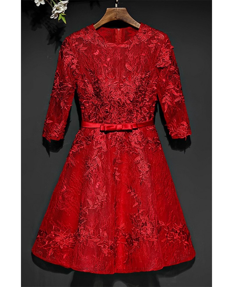 Short Red Lace A Line Party Dress Short With 3/4 Sleeves