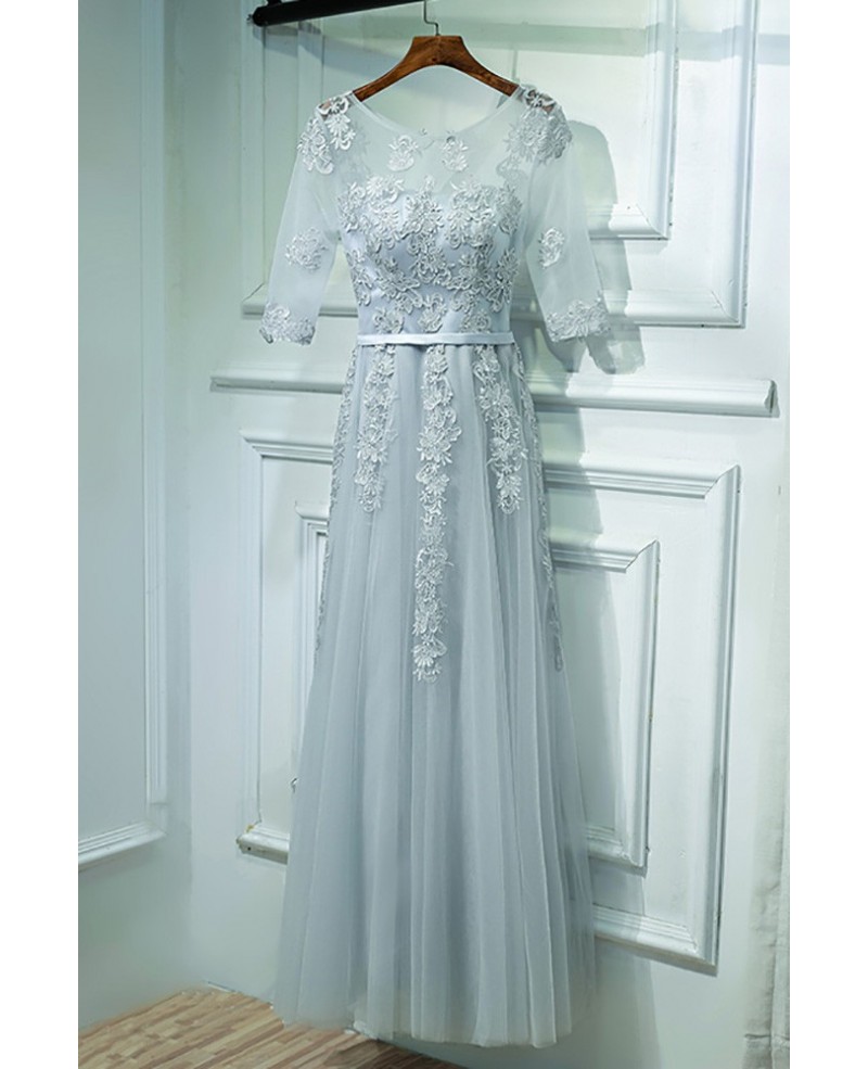 Elegant Grey Short Sleeve Prom Dress Long With Lace