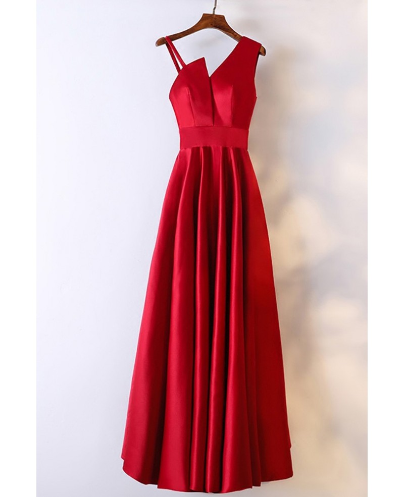 Classy Satin Burgundy Long Formal Dress With Asymmetrical Shoulder - Click Image to Close