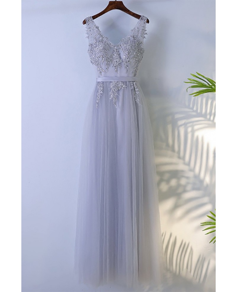 Grey Beaded Long Tulle Prom Dress V-neck Sleeveless