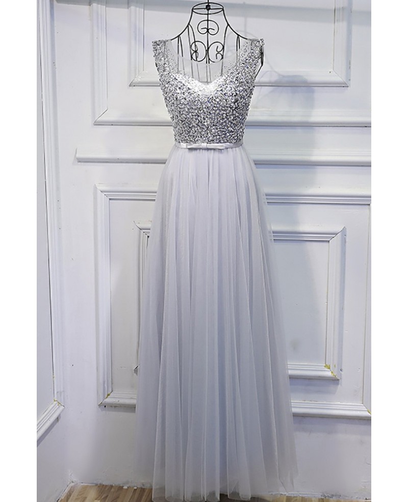 Silver Long Tulle Cheap Prom Dress With Sequins Bling