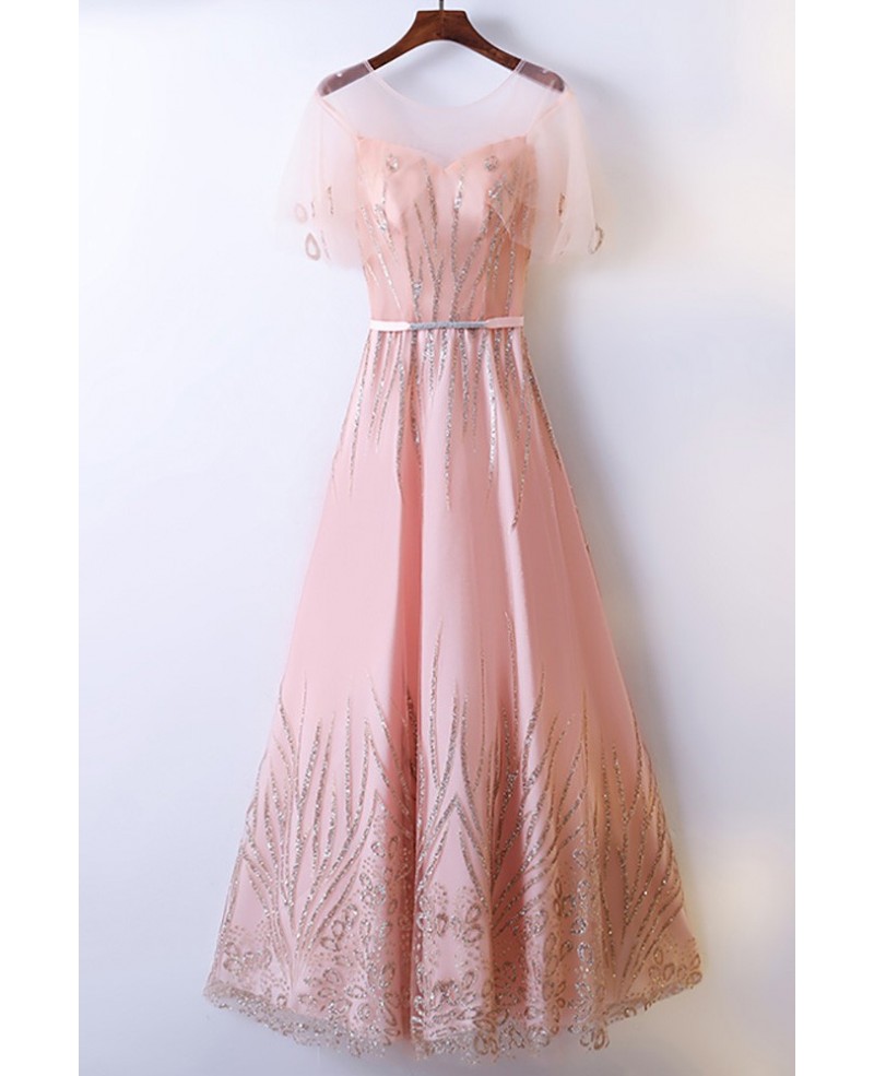 Elegant Long Pink A Line Prom Dress Sequins With Illusion Neckline