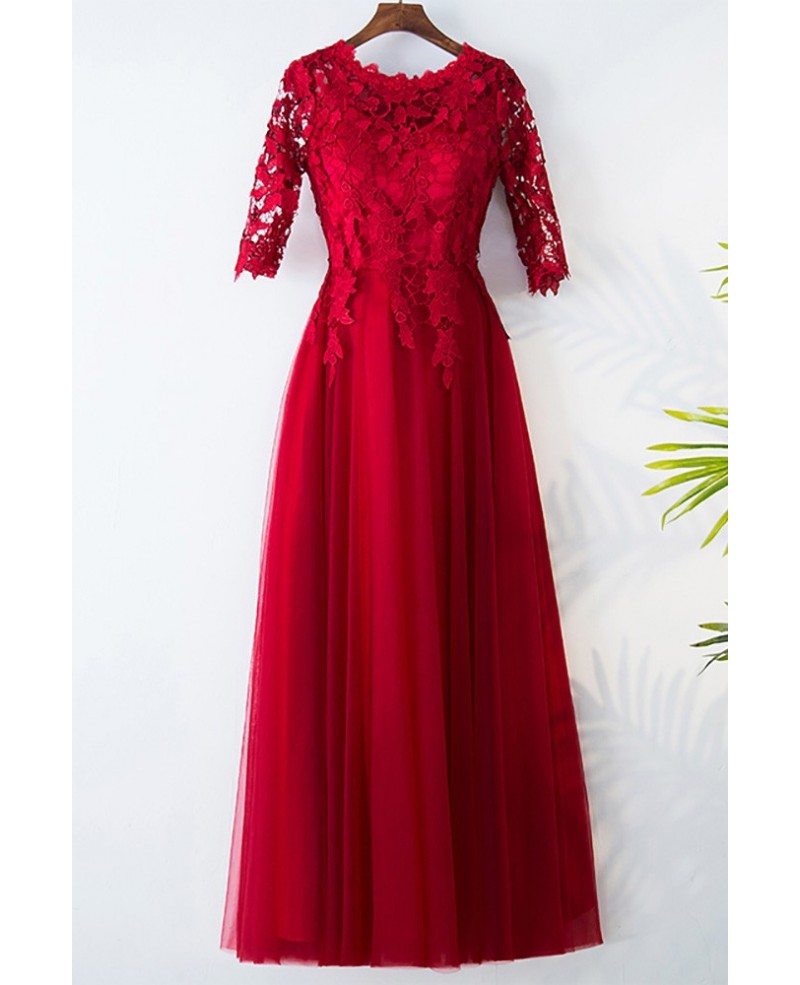 Elegant Lace Round Neck Burgundy Formal Party Dress With Sleeves - Click Image to Close