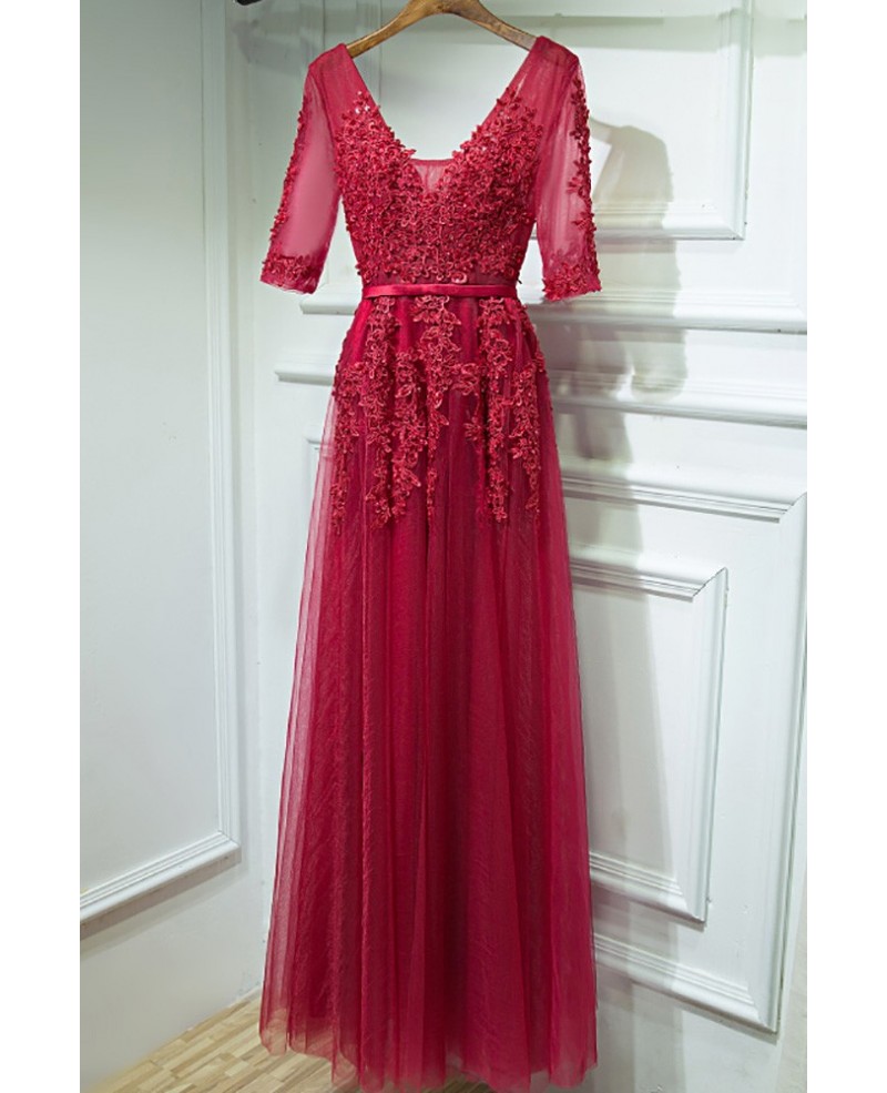 Burgundy V-neck Lace Long Party Dress With Half Sleeves