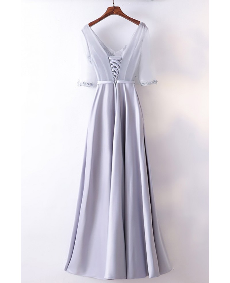 Gorgeous Silver Satin Long Party Dress V-neck With Sleeves - Click Image to Close