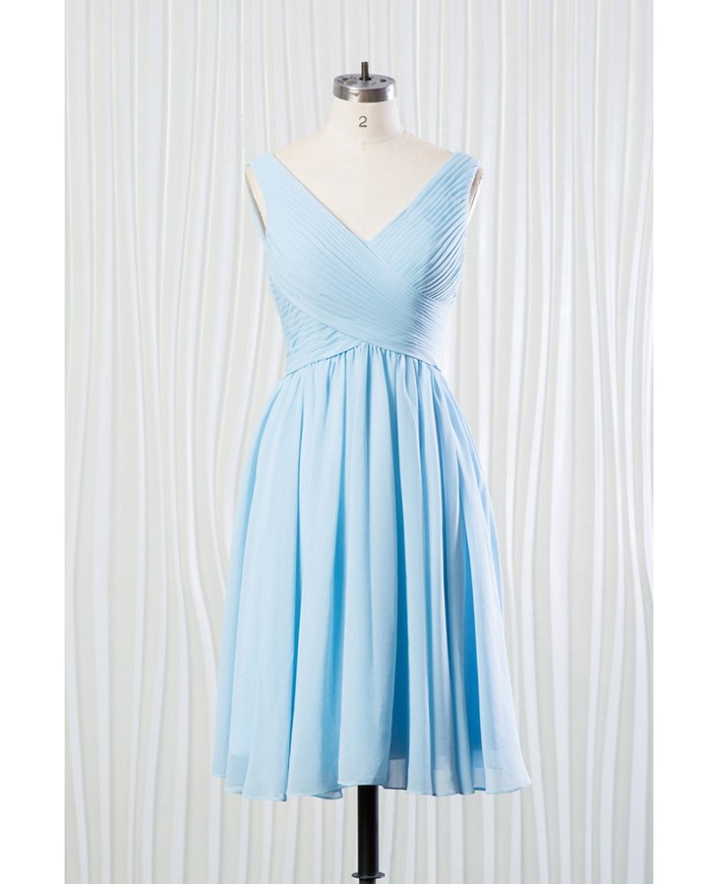 Elegant Short Chiffon Bridesmaid Dress Pleated In V-neck Sky Blue - Click Image to Close
