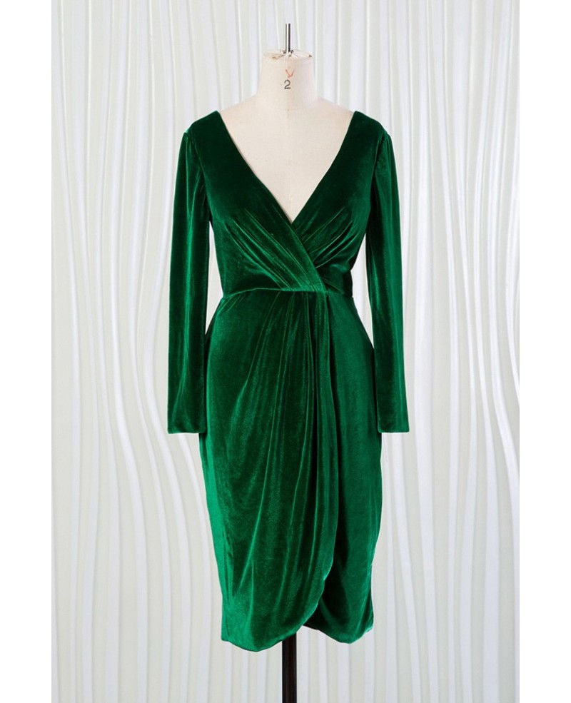 Dark Green Deep V Short Velvet Dress With Long Sleeves - Click Image to Close