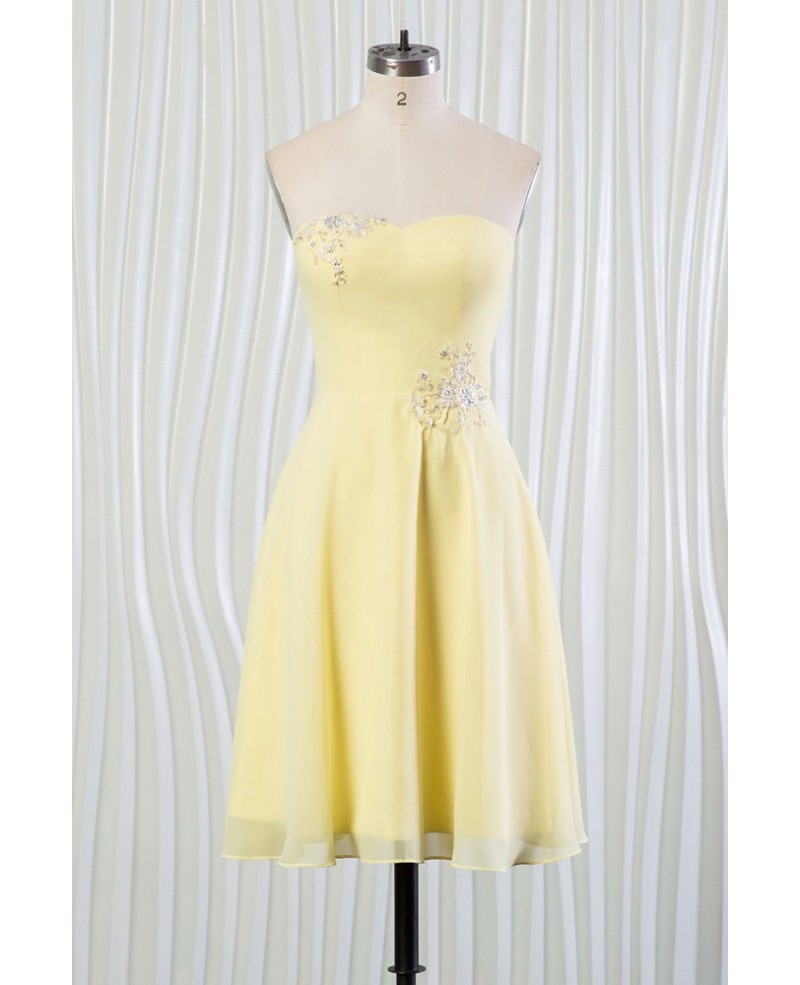 Simple Yellow Summer Bridesmaid Dress With Beading Strapless Short