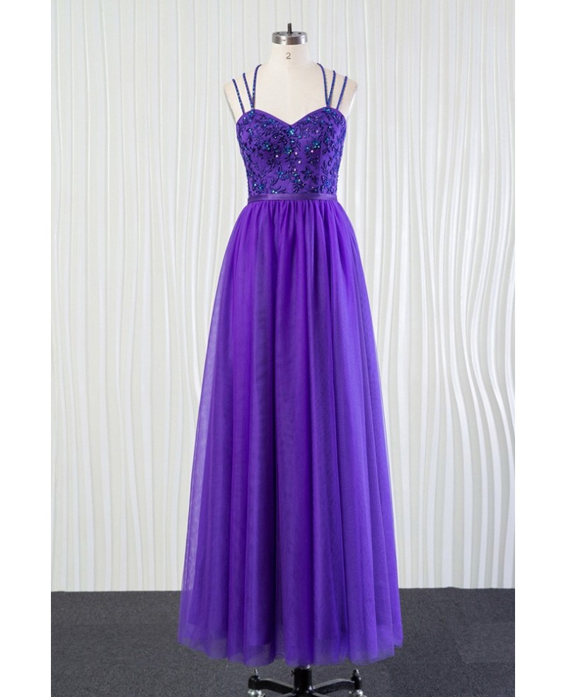 Long Purple Tulle Bridesmaid Dress Beaded Lace With Speghatti Straps - Click Image to Close