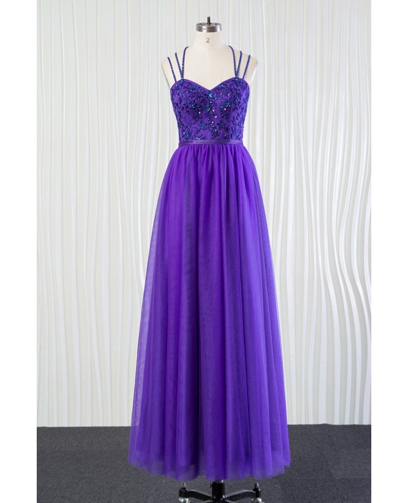 Long Purple Tulle Bridesmaid Dress Beaded Lace With Speghatti Straps