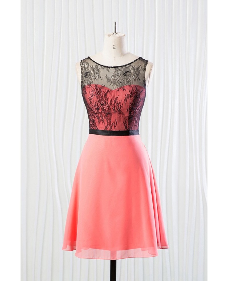 Short Coral Bridesmaid Dress With Black Lace for Summer Wedding