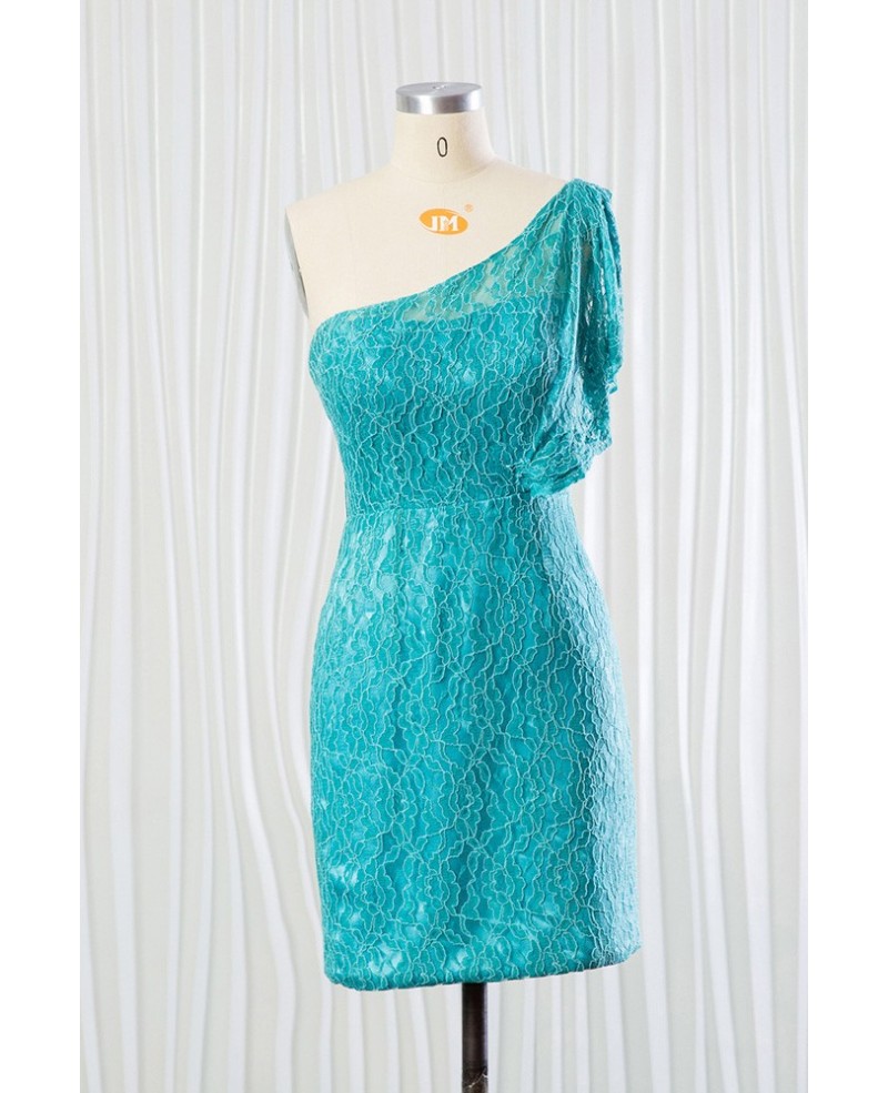 Elegant Aqua Lace Short Bridesmaid Dress In One Shoulder - Click Image to Close