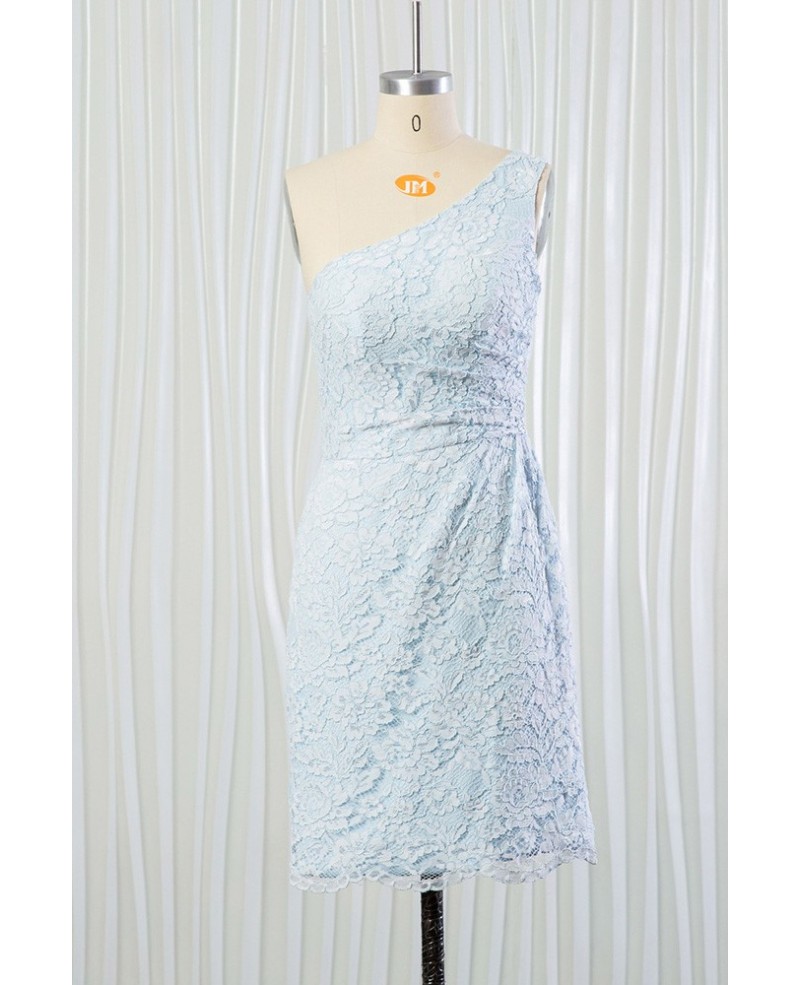 Light Blue Short Lace Bridesmaid Dress One Shoulder for 2018 Summer - Click Image to Close