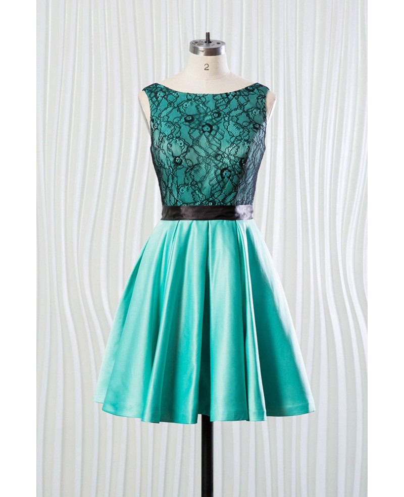 Short Teal Satin Bridesmaid Dress With Black Lace Bodice - Click Image to Close
