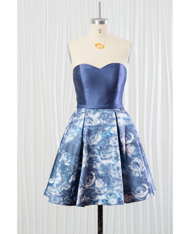 Cheap Printed Floral Blue Bridesmaid Dress Short for Summer