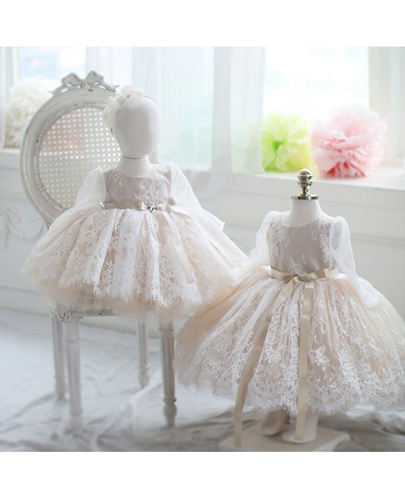 Ivory Vintage Lace Flower Girl Dress Long Sleeves Tutu Princess Ballgown Dress - Click Image to Close