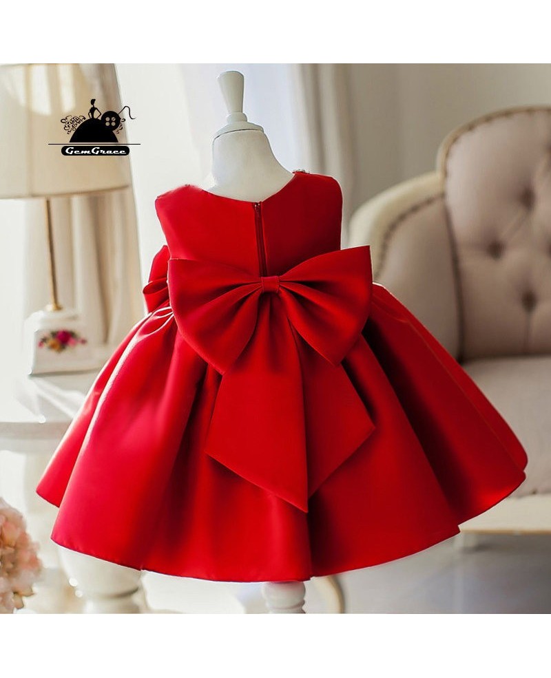 Simple Red Satin Elegant Flower Girl Dress With Big Bow For Wedding Parties