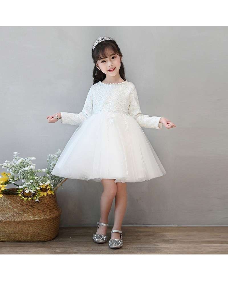 Ivory Lace Long Sleeve Tulle Flower Girl Dress Tutus Ballgown Pageant Dress