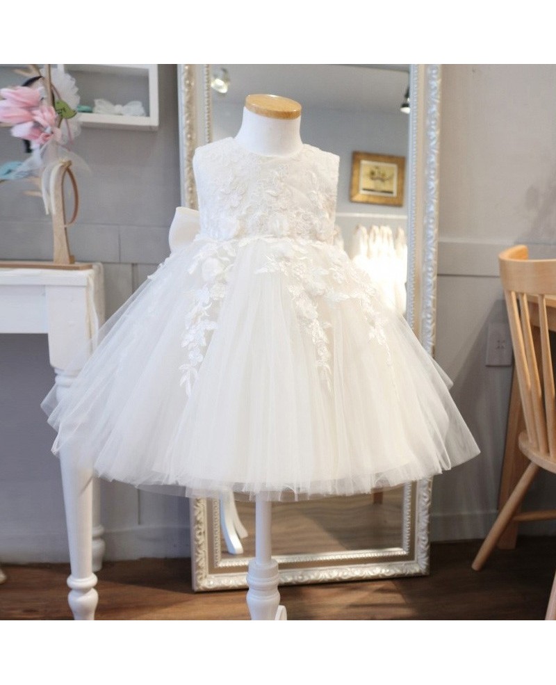 Super Cute Lace Ivory Flower Girl Dress Puffy Tulle Princess Wedding Dress