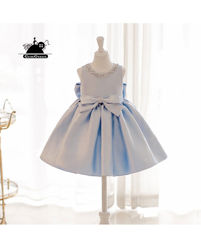 Elegant Light Blue Satin Flower Girl Dress Modern Girls Pageant Gown With Bow - Click Image to Close