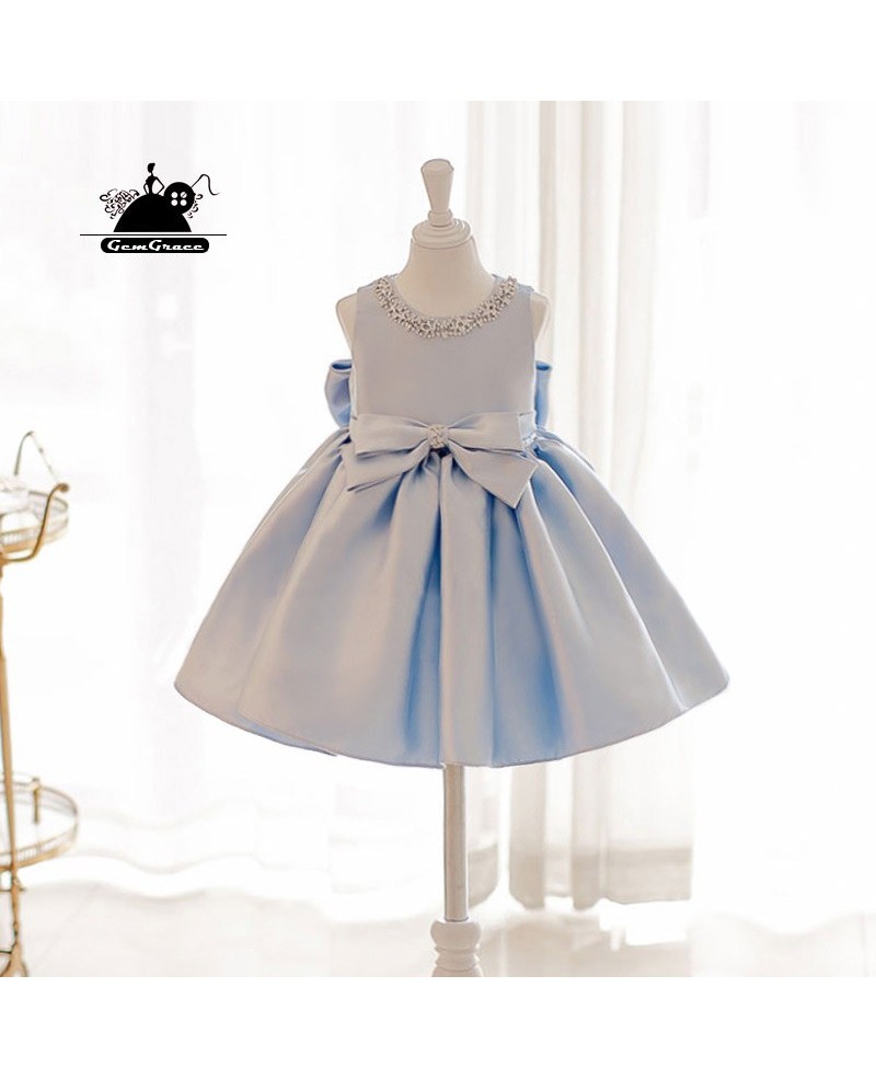 Elegant Light Blue Satin Flower Girl Dress Modern Girls Pageant Gown With Bow