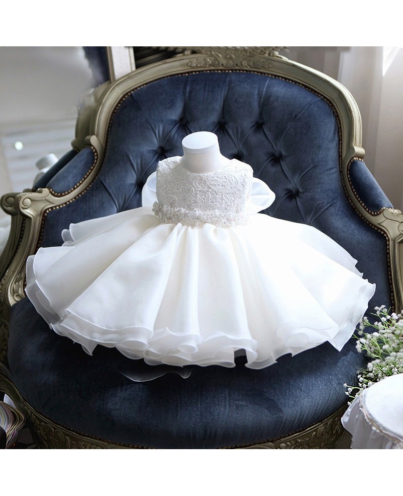 Cute Tutu Lace Flower Girl Dress White With Big Bow In Back - Click Image to Close