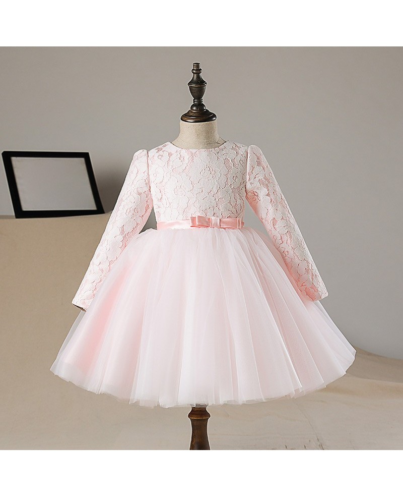 Lovely Peach Pink Lace Tutus Flower Girl Dress With Sleeves Tulle Pageant Gown - Click Image to Close